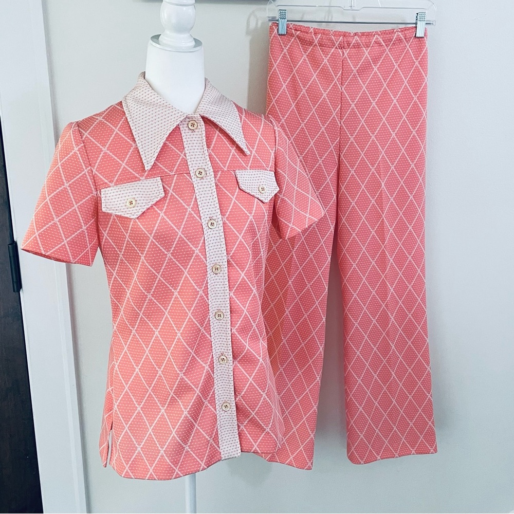 Vintage 1970's Pink and White Polka Dot Knit Pant Suit by Marty Gutmacher